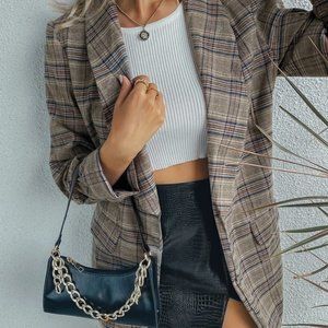 Oversized Plaid Shawl Collar Flap Detail Blazer - S